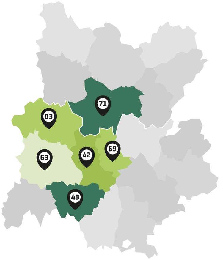 Stylized map with six highlighted regions marked by pins showing values: 71, 69, 63, 43, 42 and 03.
